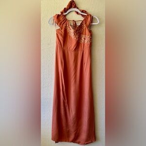 SMÄIL Rust Embroidered Maxi Dress Ruffle Strap Boho Size S NWT